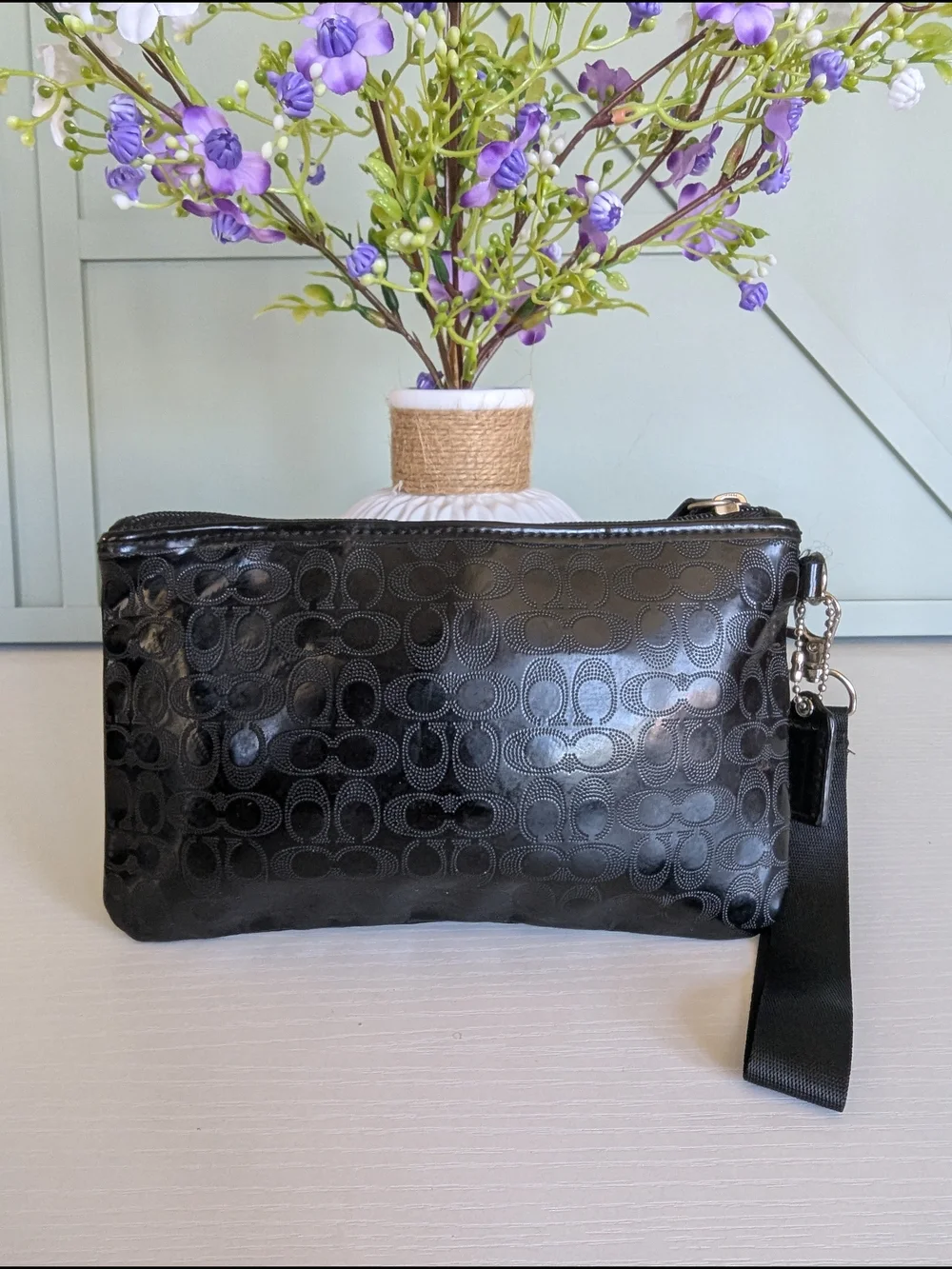 COACH Black Signature Leather Wristlet Pouch